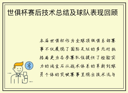 世俱杯赛后技术总结及球队表现回顾