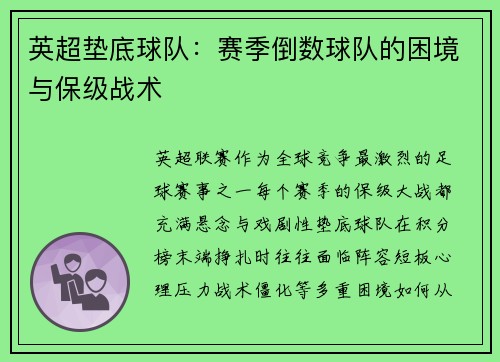 英超垫底球队：赛季倒数球队的困境与保级战术